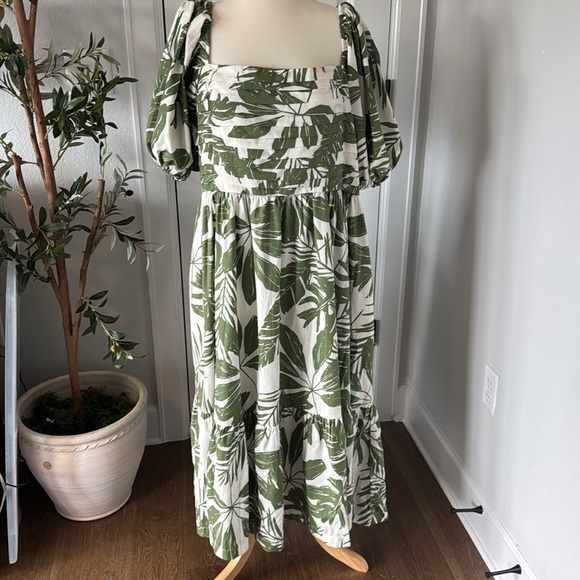 NWT Abercrombie & Fitch Emerson Poplin Puff Sleeve Midi Dress Green Floral XL - Picture 2 of 10
